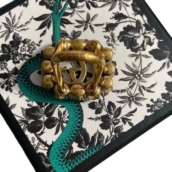 Gucci Double G Crystal Stone Aged Gold Metal Band 12 Stones Ring Size M/7 - Picture 7 of 14
